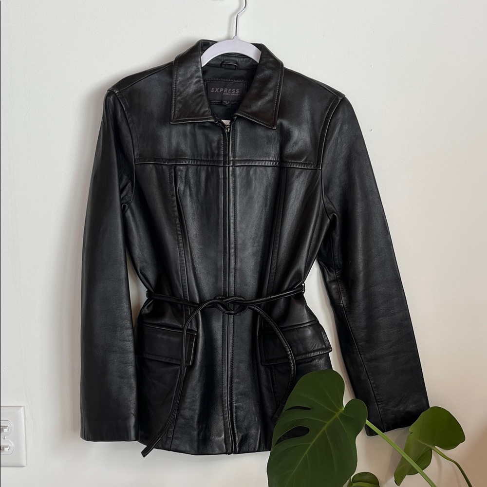 Express Genuine Black Leather Jacket with Belt